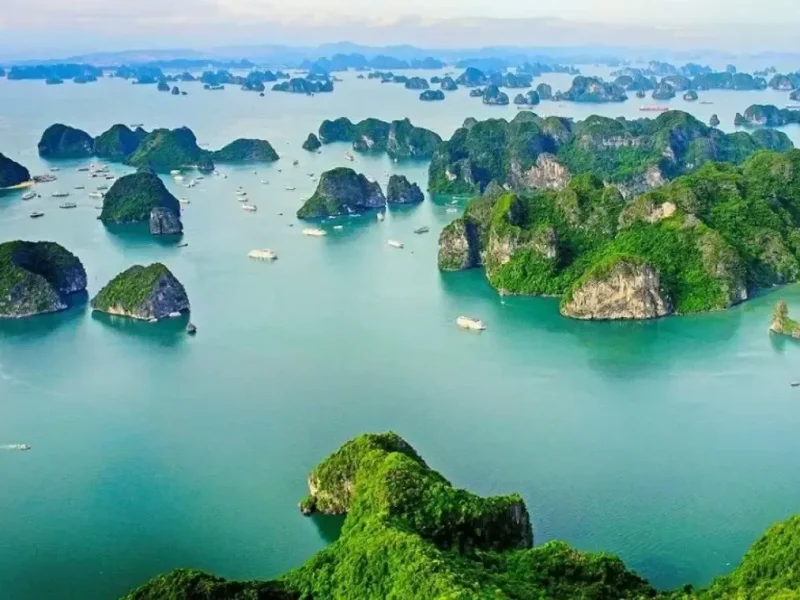 Panoramic view of Lan Ha Bay with limestone karsts and emerald water