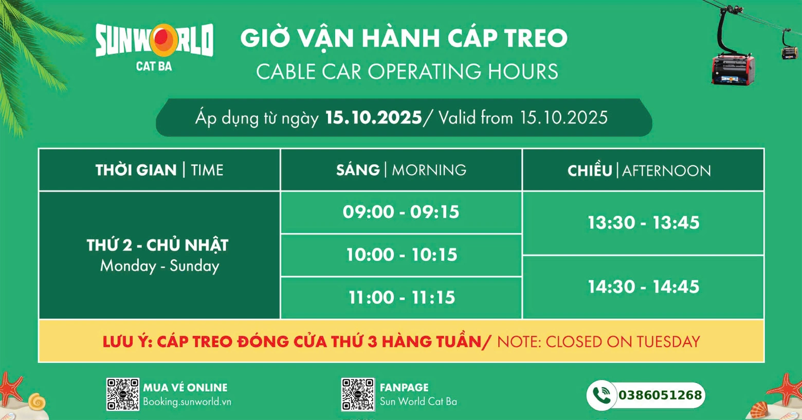 Giờ vận hành cáp Treo Cát Bà Sun World