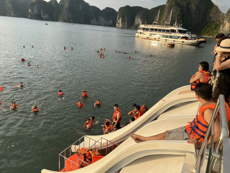 Du khách trải nghiệm hoạt động tắm vịnh trong chuyến tour vịnh Lan Hạ 1 ngày