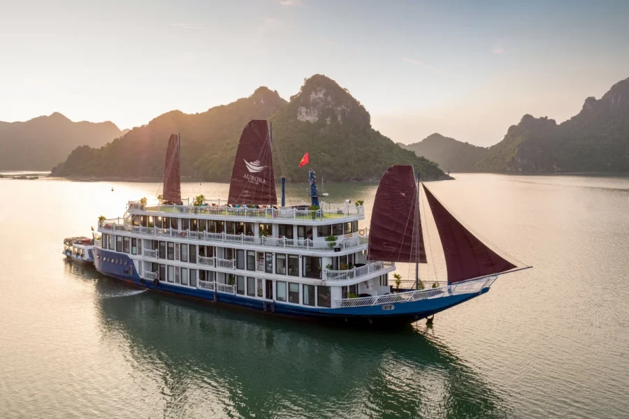 Exterior view of Aurora Cruise, a boutique cruise Lan Ha Bay